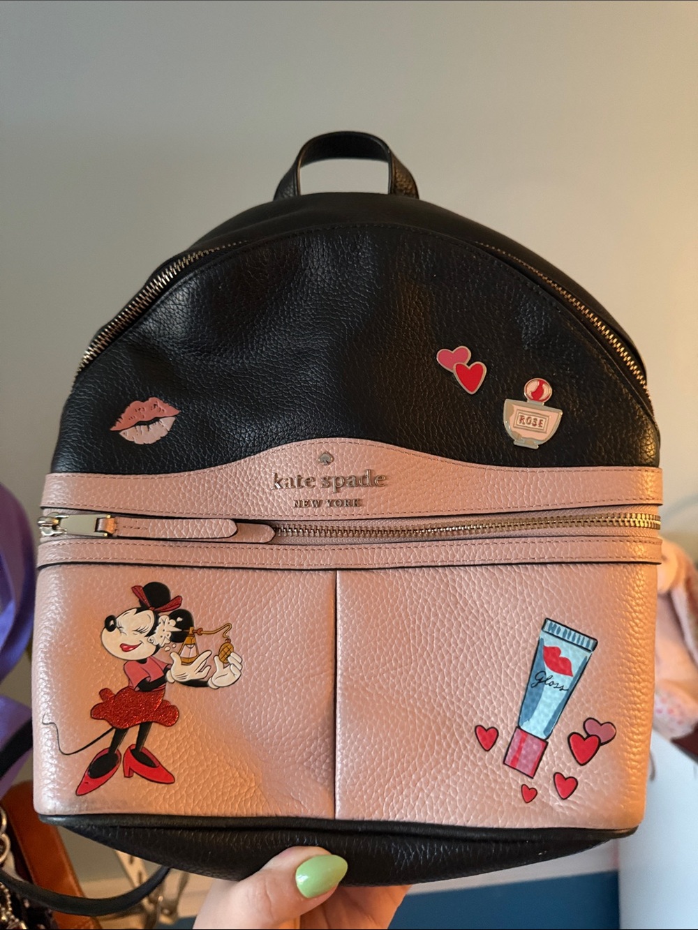 kate spade Black and Pink Pebbled Leather Mini Backpack with Patches